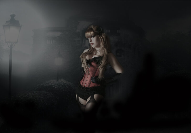 Woman in Corset — Black, Dramatic, Night, Photograph