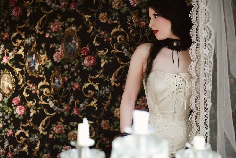 Woman in Corset — Black, Dramatic, Photograph, Lace Veil