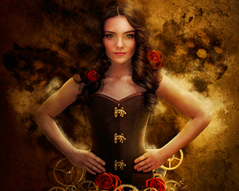 Woman in Corset — Brown, Dramatic, Digital Art, Roses