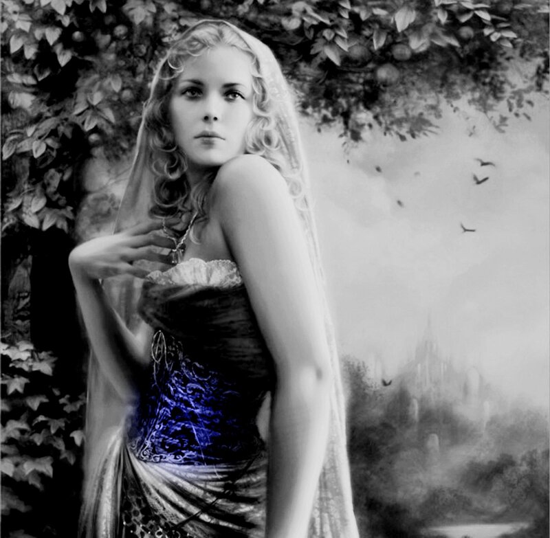 Woman in Corset Dress — Black, Dramatic, Digital Art, Veil