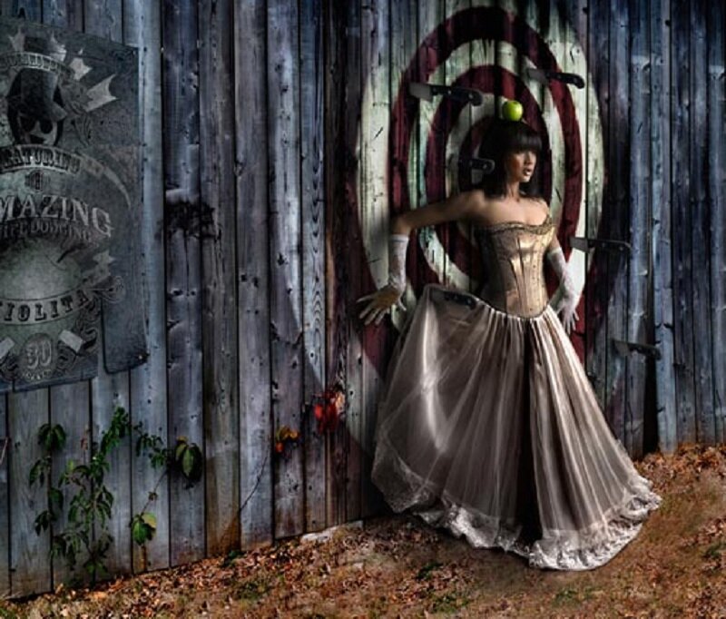 Woman in Corset Dress — Brown, Dramatic