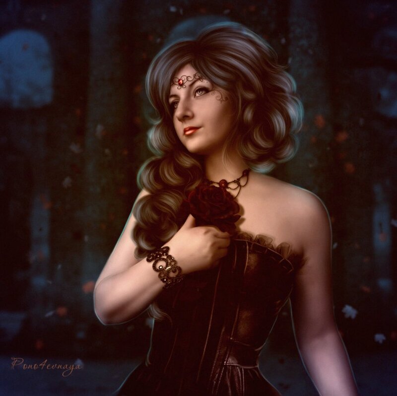 Woman in Corset Holding Rose