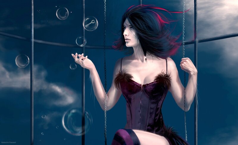 Woman in Corset on Swing — Blue, Dramatic, Digital Art