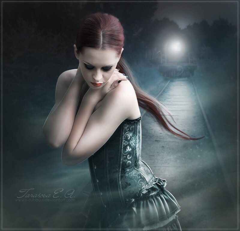 Woman in Corset on Train Tracks