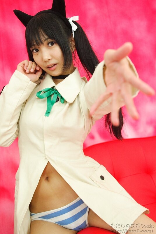 Woman in Cosplay — Red, Playful, Photograph, Cat Ears, Coat