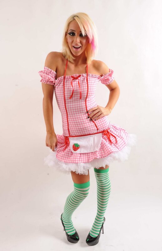 Woman in Costume — Pink, Playful, Photograph, Dress, Tights, Heels
