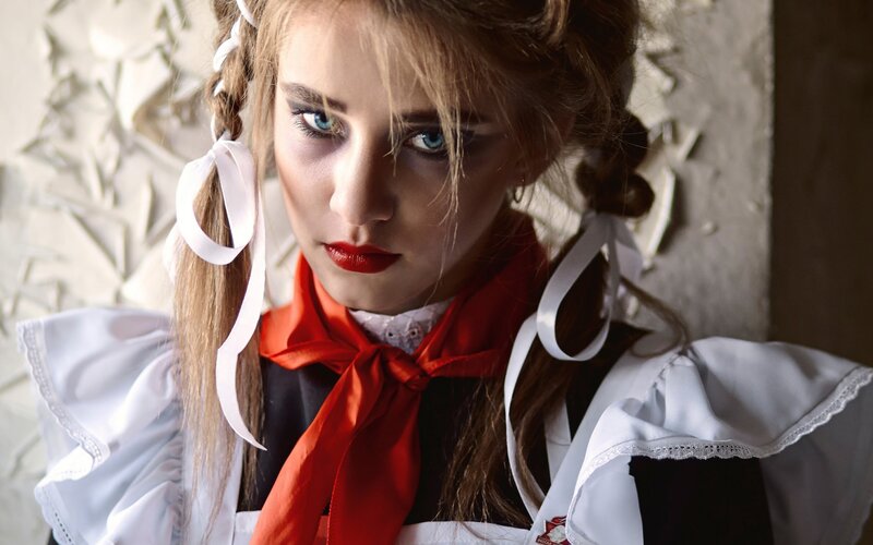 Woman in Costume — White, Dramatic, Photograph, Red Scarf