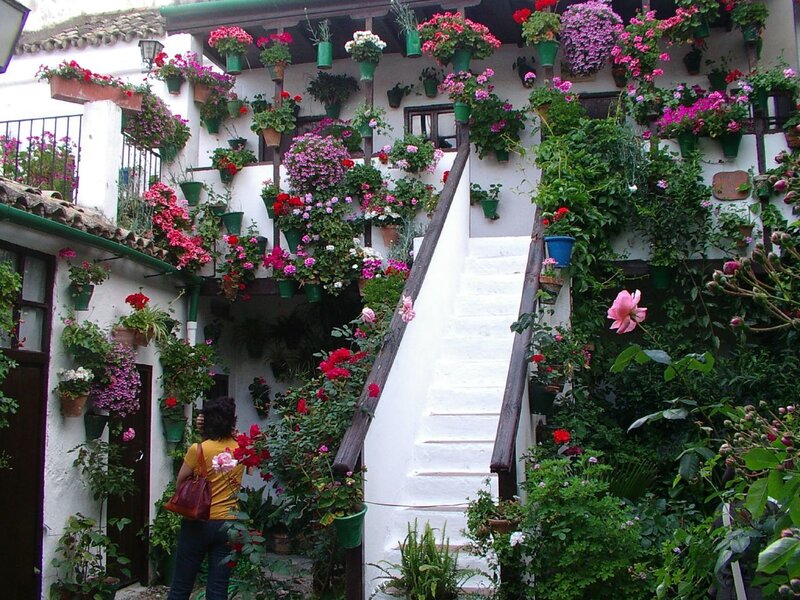 Woman in Courtyard with Flowers