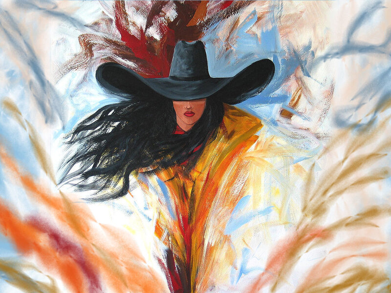 Woman in Cowboy Hat — Black, Dramatic, Painting