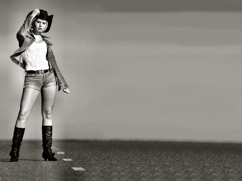 Woman in Cowboy Hat — Black, Dramatic, Photograph, Cowboy Hat, Denim Jacket