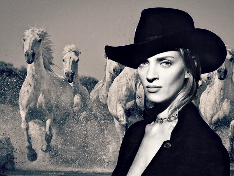 Woman in Cowboy Hat — Black, Dramatic, Photograph, Horses