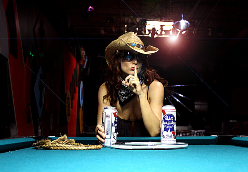 Woman in Cowboy Hat — Blue, Dramatic, Night, Photograph, Beer Can