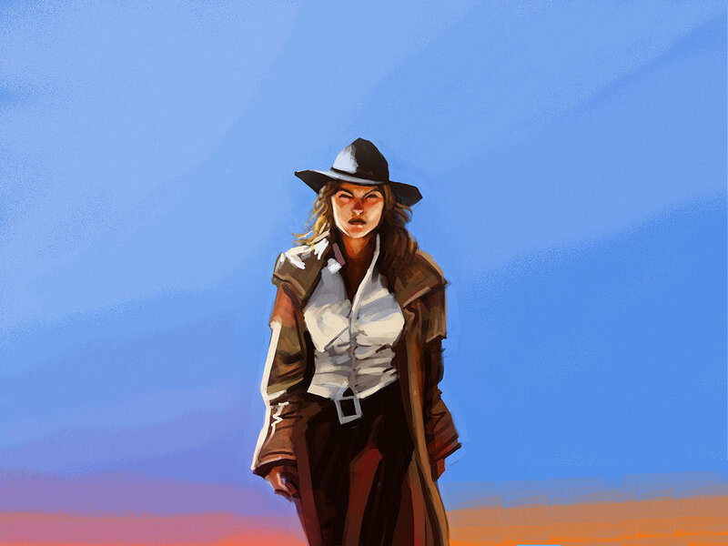 Woman in Cowboy Hat — Blue, Dramatic, Sunset, Digital Art