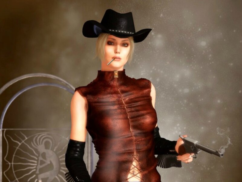 Woman in Cowboy Hat — Brown, Dramatic, 3d Render, Cigarette
