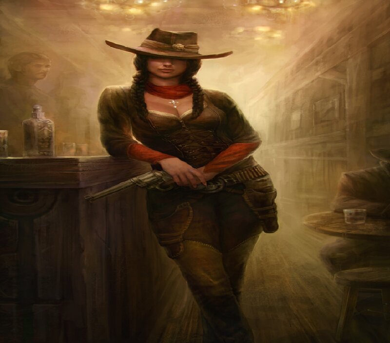 Woman in Cowboy Hat — Brown, Dramatic, Digital Art, Bar