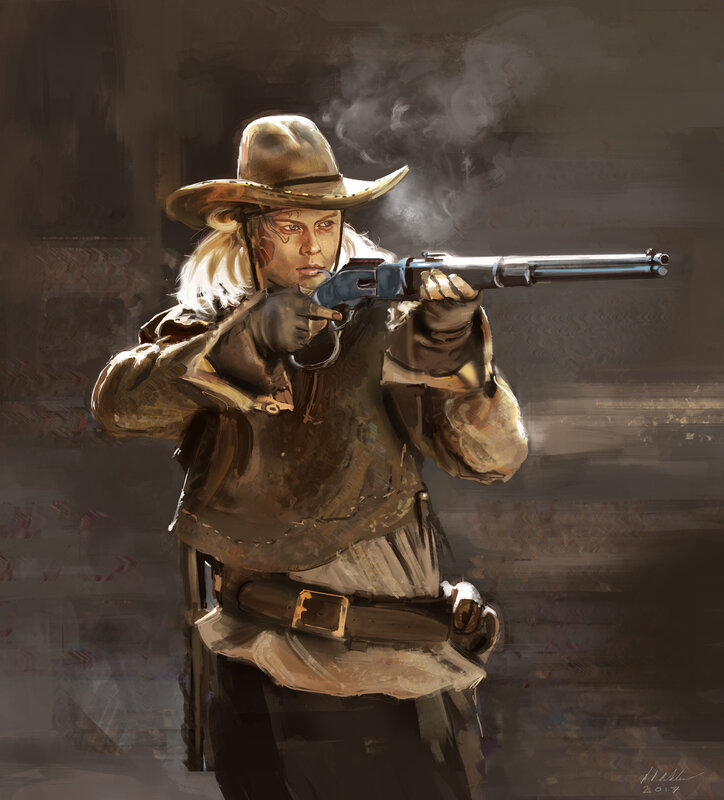 Woman in Cowboy Hat — Brown, Dramatic, Digital Art, Gun, Smoke