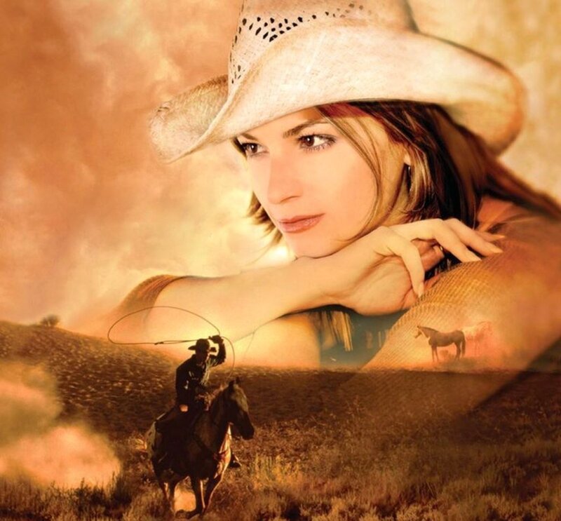 Woman in Cowboy Hat — Brown, Dramatic, Sunset, Digital Art, Horse, Rope