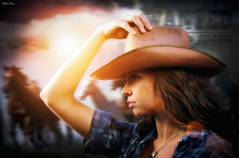 Woman in Cowboy Hat — Brown, Dramatic, Sunset, Photograph, Cowboy Hat