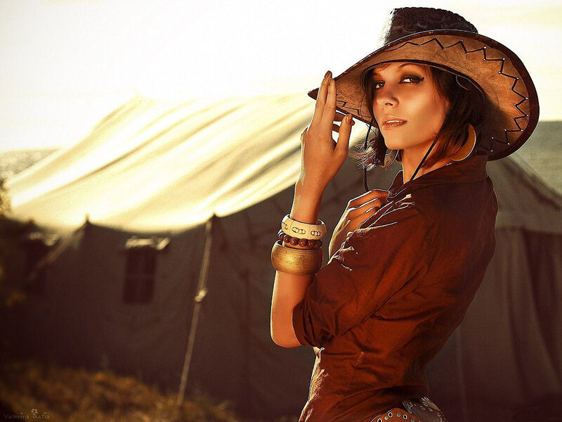 Woman in Cowboy Hat — Brown, Dramatic, Sunset, Photograph
