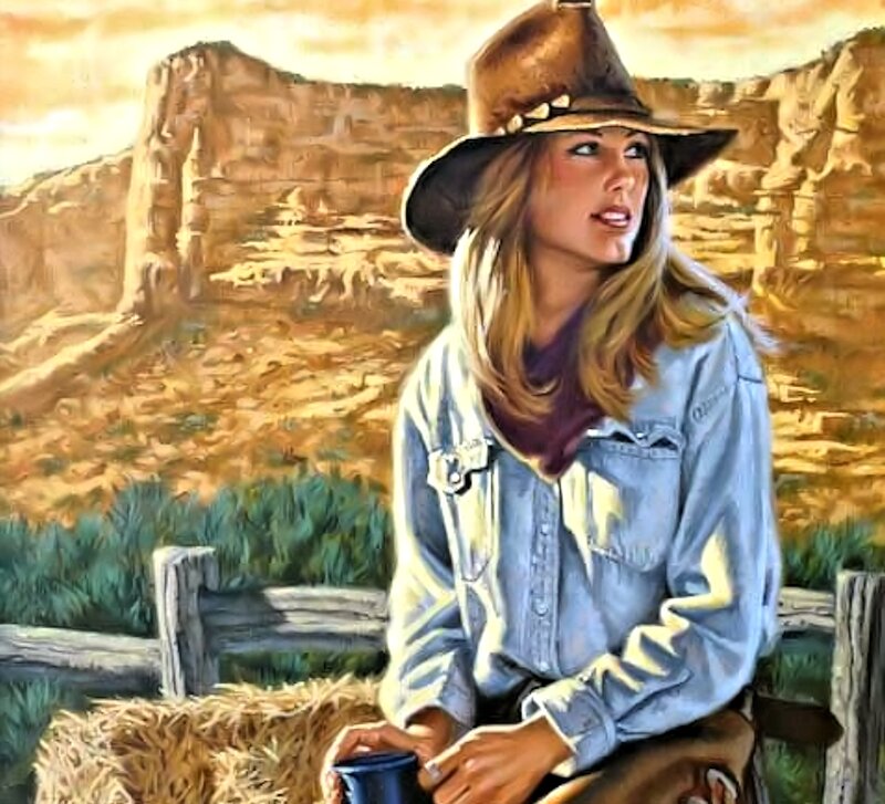 Woman in Cowboy Hat — Brown, Serene, Sunset, Painting