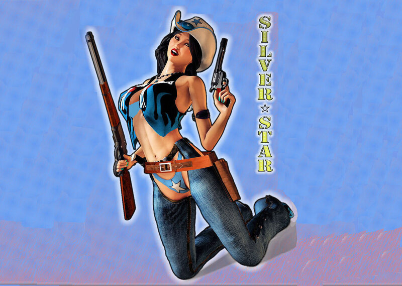 Woman in Cowboy Outfit — Blue, Confident, Digital Art