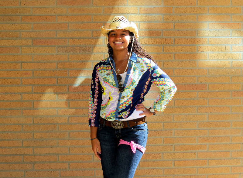Woman in Cowboy Outfit — Blue, Happy, Afternoon