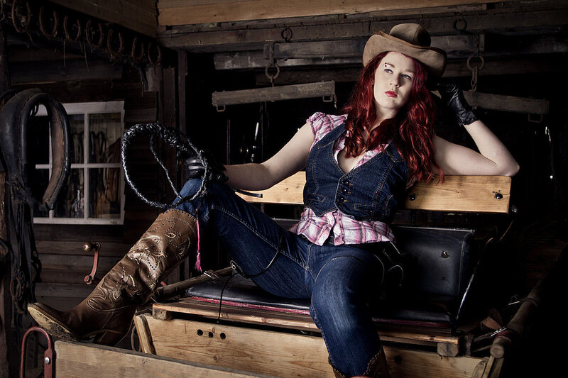 Woman in Cowboy Outfit — Brown, Dramatic, Photograph, Cowboy Hat