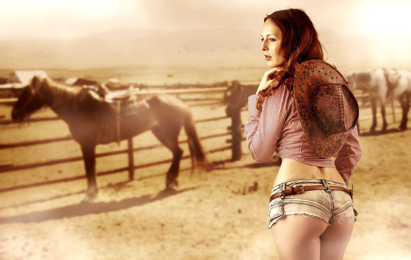 Woman in Cowboy Outfit — Brown, Dramatic, Sunset, Photograph