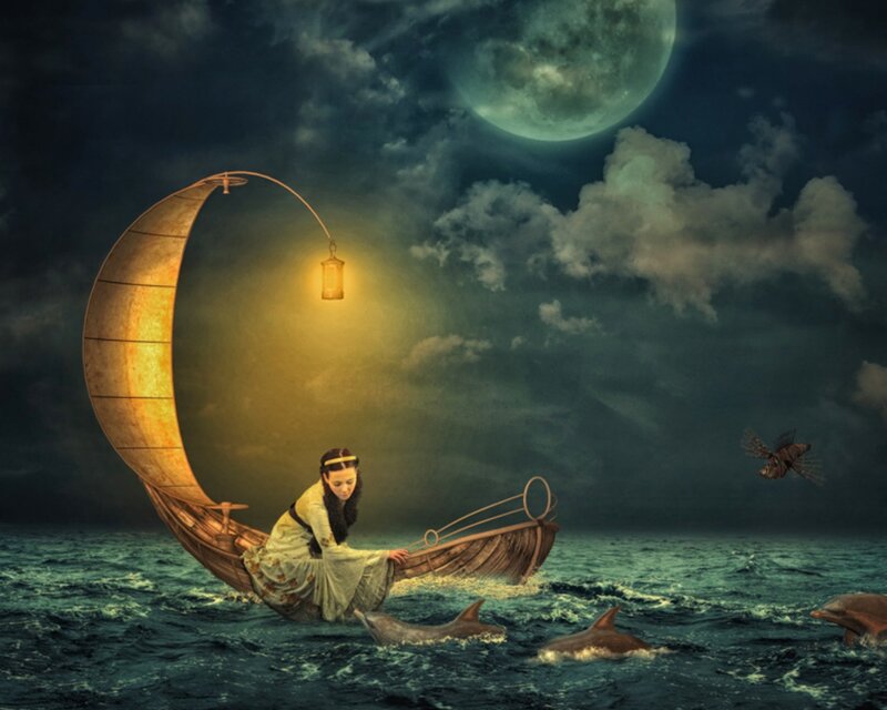 Woman in Crescent Boat — Blue