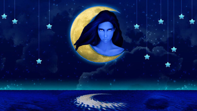 Woman in Crescent Moon — Blue, Serene