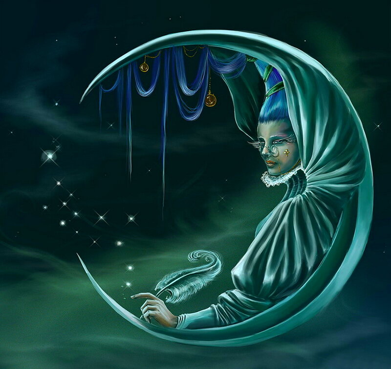 Woman in Crescent Moon — Green, Mystical