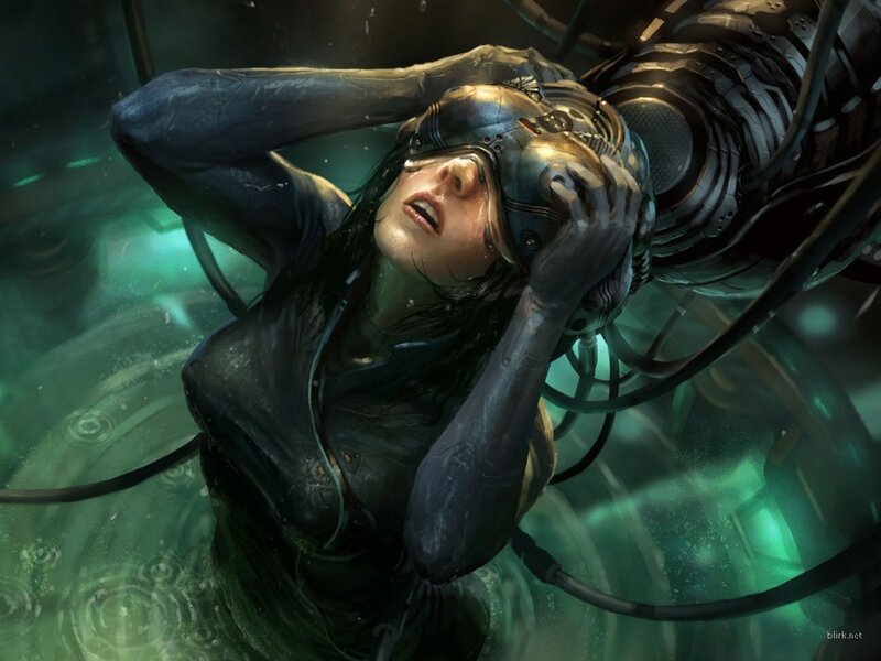 woman in cybernetic suit underwater