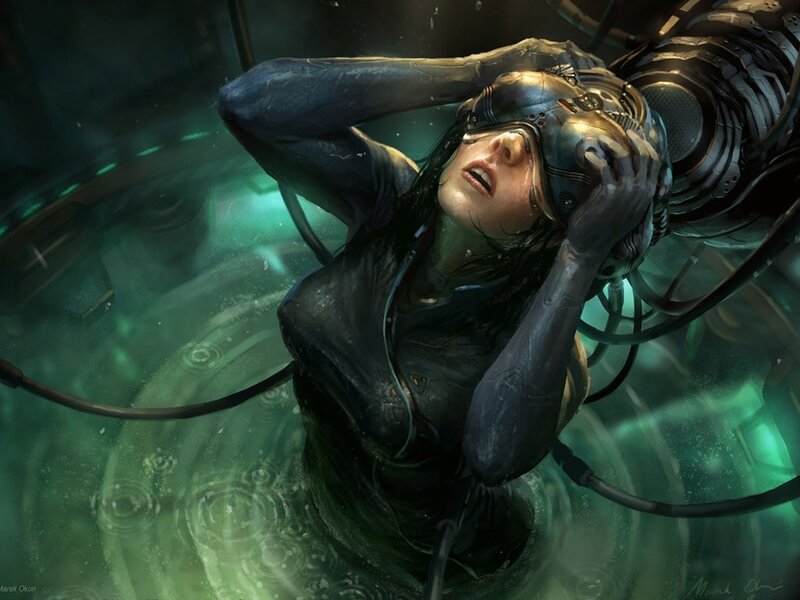 woman in cybernetic suit underwater