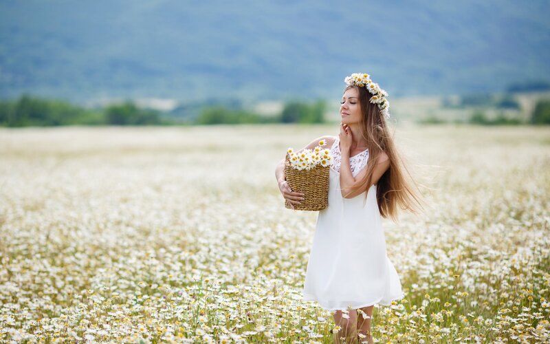 Woman in Daisy Field — White, Serene, Afternoon, Photograph