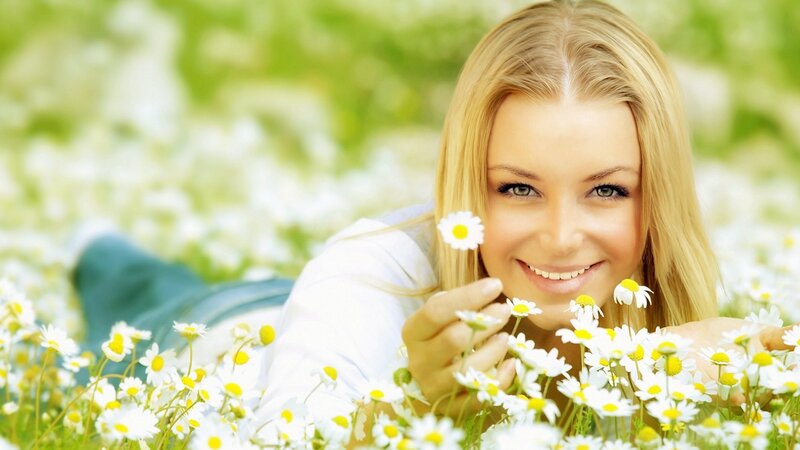 Woman in Daisy Field — White, Serene, Spring, Photograph, Daisies, Grass, Flowers