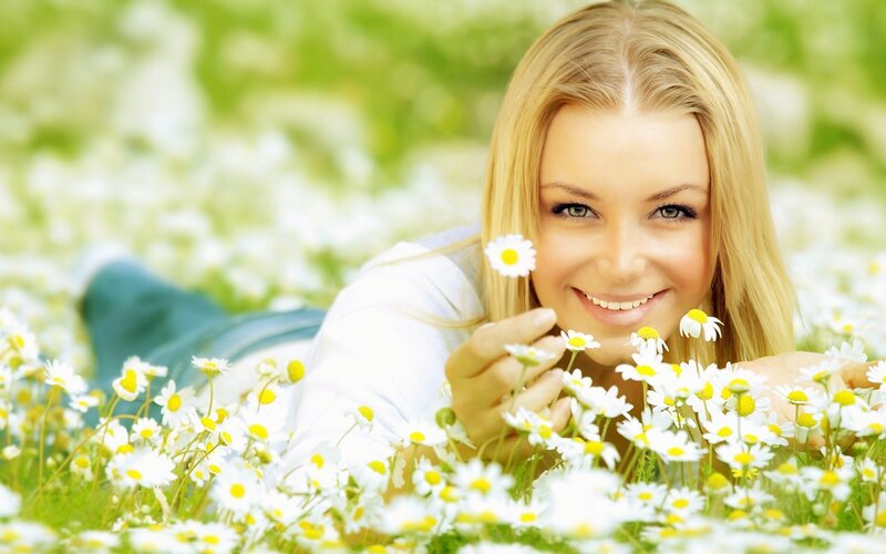 Woman in Daisy Field — White, Serene, Spring, Photograph, Daisies, Grass