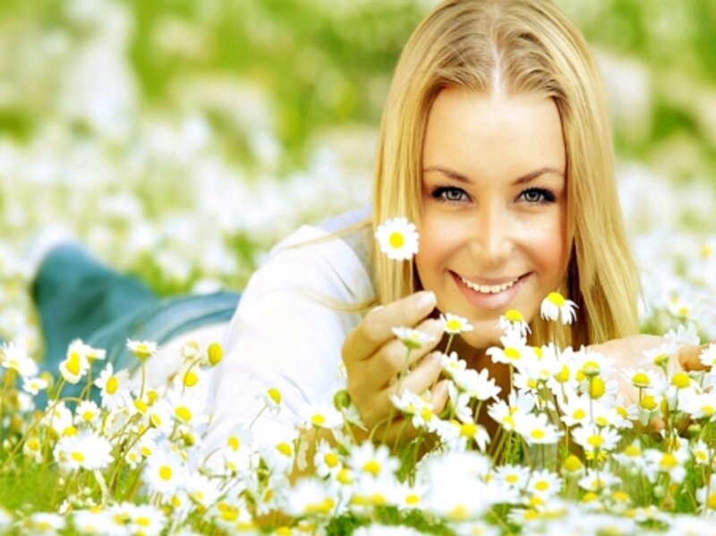 Woman in Daisy Field — White, Serene, Spring