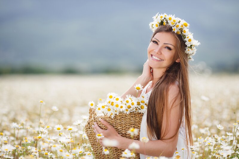 Woman in Daisy Field — White, Serene, Summer