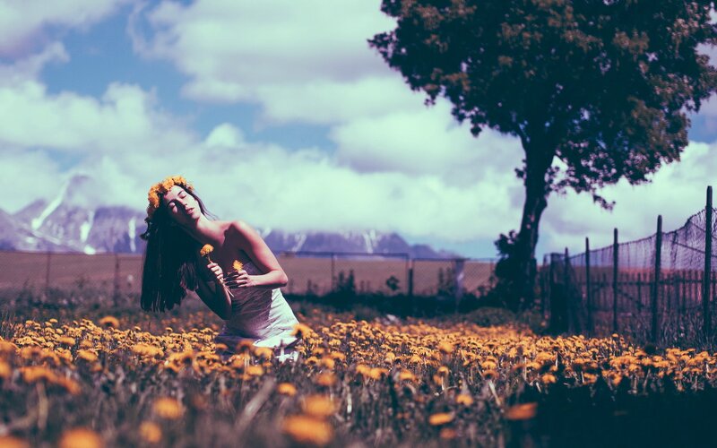 Woman in dandelion field