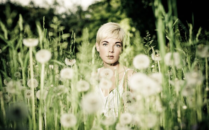 woman in dandelion field
