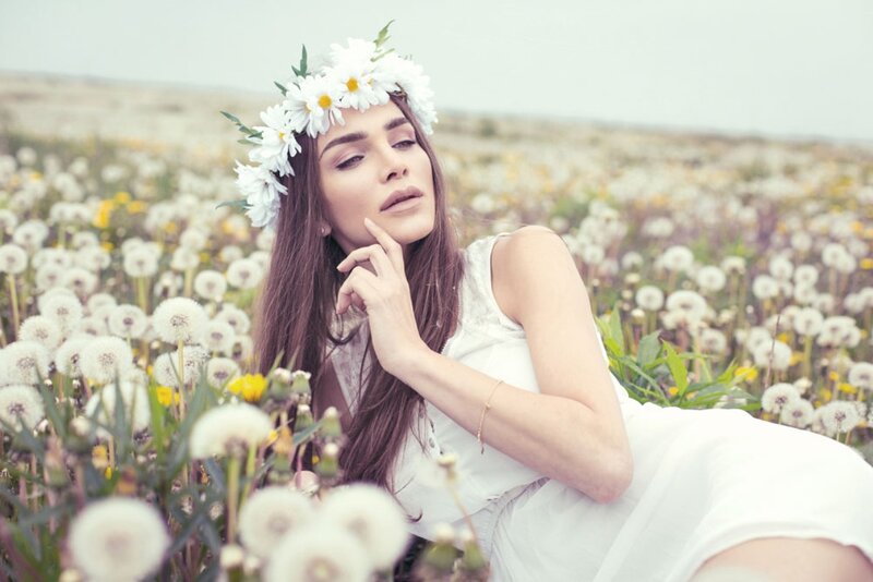 Woman in Dandelion Field — White, Serene
