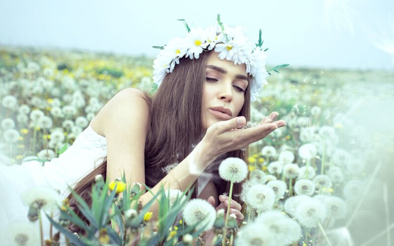 Woman in Dandelion Field — White