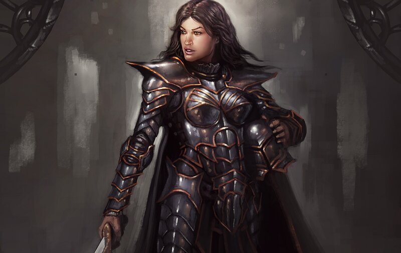 Woman in Dark Armor — Black, Dramatic, Digital Art