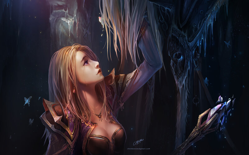 woman in dark cave with glowing staff