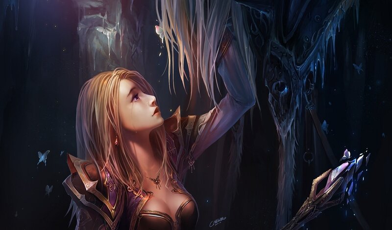 woman in dark cave with glowing sword