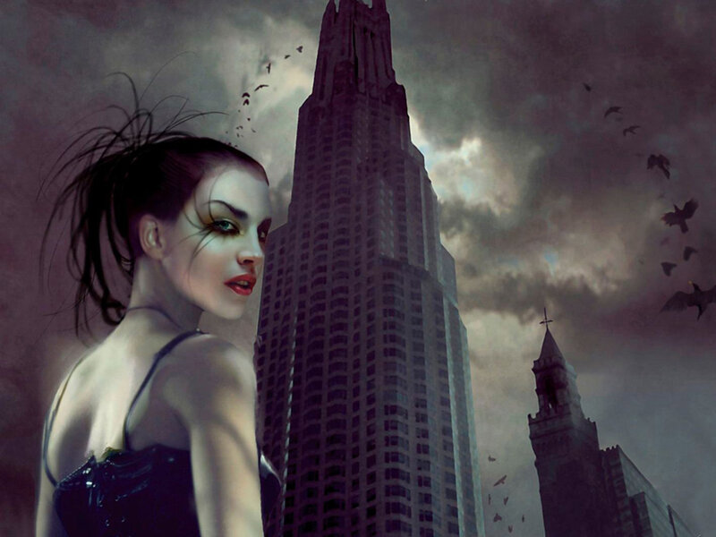 woman in dark cityscape