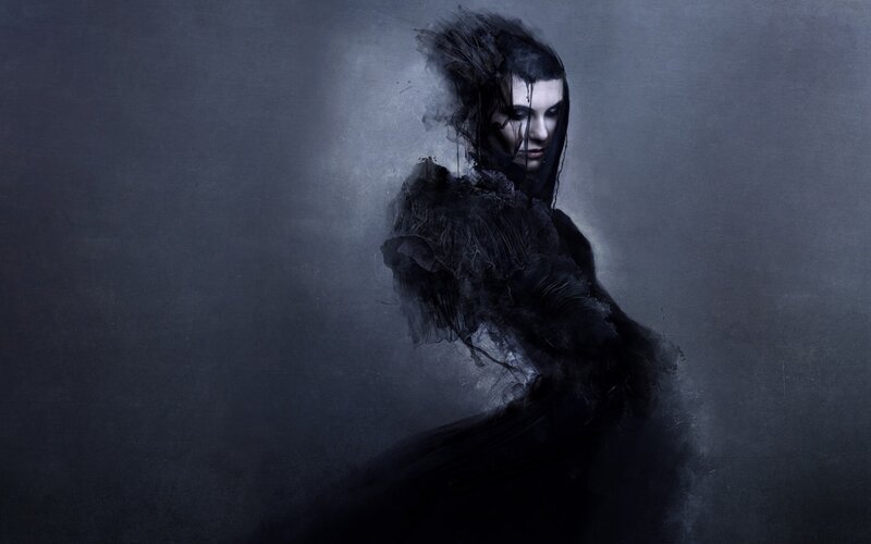 Woman in Dark Cloak — Black, Dramatic, Digital Art