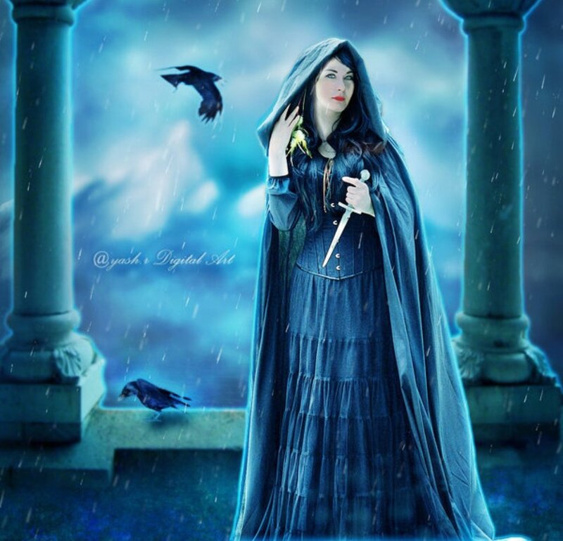 Woman in Dark Cloak — Blue, Dramatic