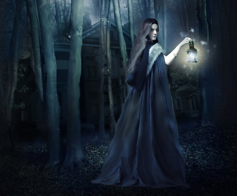 Woman in Dark Cloak — Blue, Mysterious