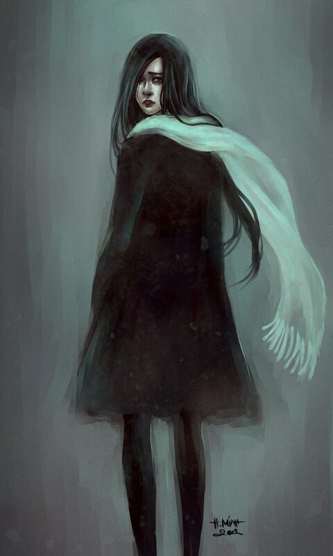 woman in dark coat with white scarf